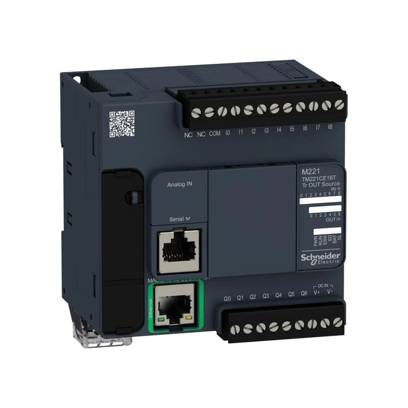 Schneider Electric TM221CE16T compact PLC with 16 transistor outputs, 24 VDC and Ethernet