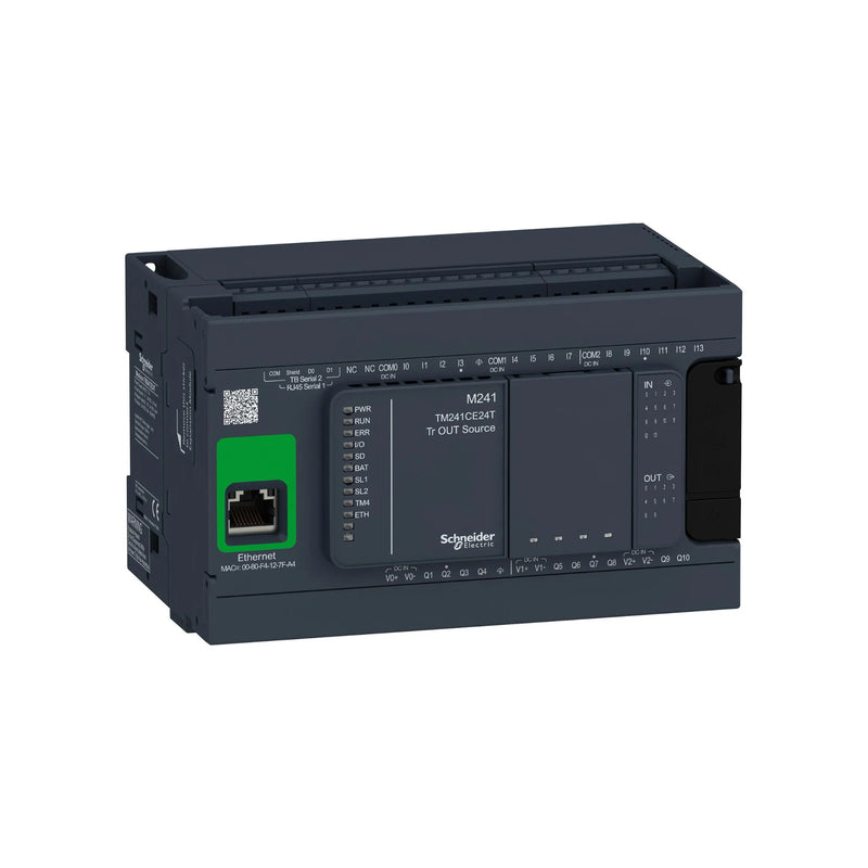 Schneider Electric TM241CE24R compact PLC with 8 inputs, 8 relay outputs, dual COM ports, 24 VDC