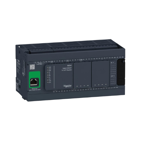 Schneider Electric TM241CE40R Modicon M241 PLC, 40 I/Os with relay outputs, Ethernet, CANopen, and serial ports for machine control.