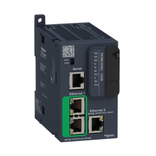 Schneider Electric TM251MESE PLC with dual Ethernet ports and modular I/O, ideal for compact and scalable machine automation solutions.