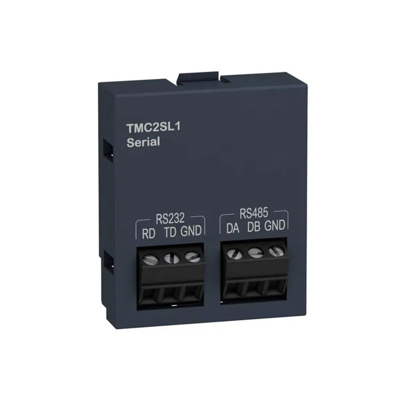 Schneider Electric TMC2SL1 RS232/RS485 communication module for TM221/TM241/TM251, enables Modbus and serial device integration.