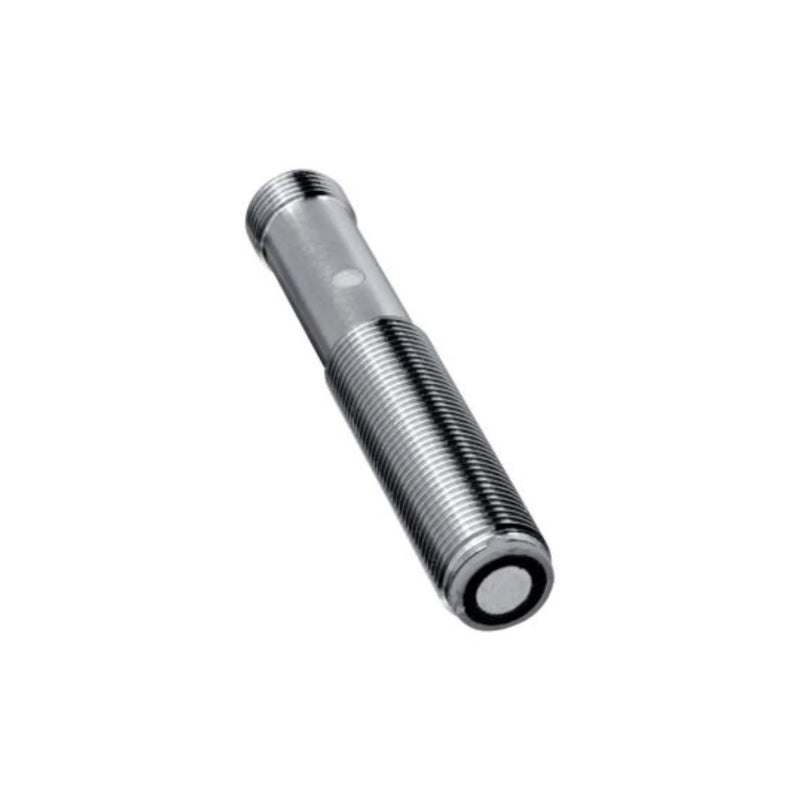 Pepperl+Fuchs UB200-12GM-E5-V1 ultrasonic sensor, 200 mm range, NPN NO, M12 connector, IP67-rated housing.