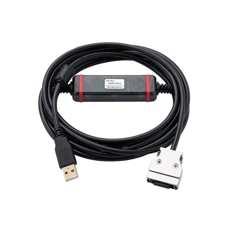 Mitsubishi USB-CIF02 interface for PC connection with servo or inverter drives, supporting setup and diagnostics.