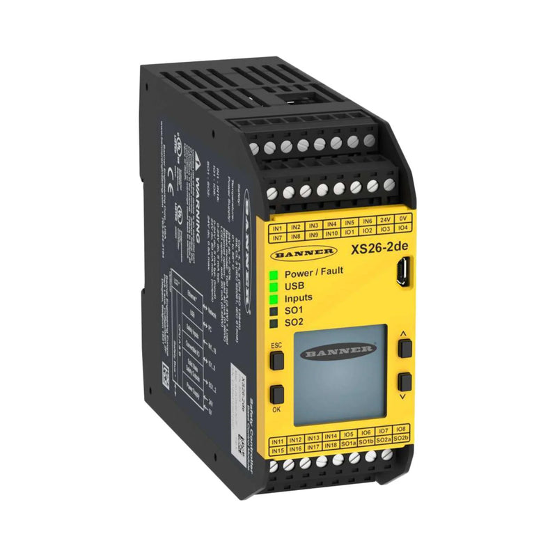 XS26-2DE safety controller with 26 inputs, dual Ethernet, expandable, 24 V DC, for advanced safety solutions.