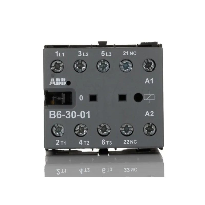 ABB B6-30-01 contactor, 3-pole, 6 A, 24 V AC coil with 1 NC auxiliary contact.