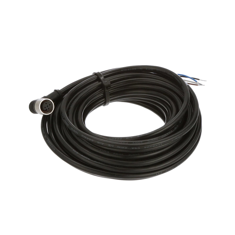 Banner MQDC-430RA cordset with 4-pin M12 right-angle connector and 9.1 m PVC cable for industrial use.