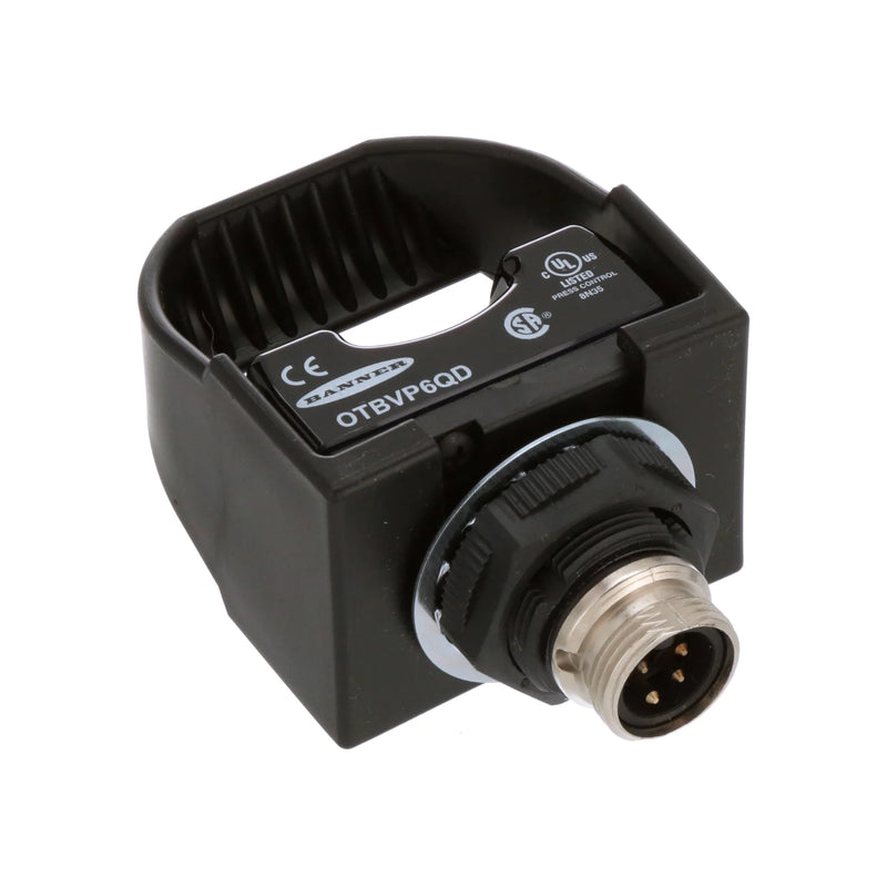 Compact Banner OTBVP6QD sensor, 100 mm range, 10–30 V DC, reliable PNP output, and M12 QD connector.