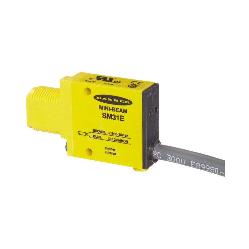 Compact Banner SM31E Mini-Beam emitter with infrared output for industrial use.