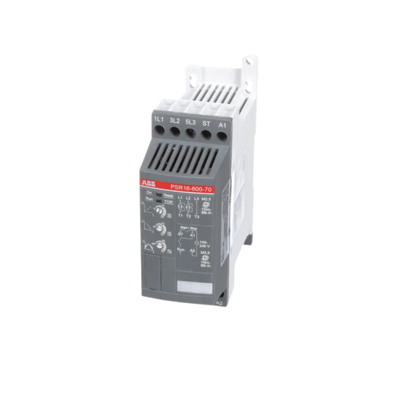 ABB PSR16-600-70 compact softstarter, 16 A, 208–600 V AC input, with 2-phase control and built-in bypass for pumps, fans, and conveyors.
