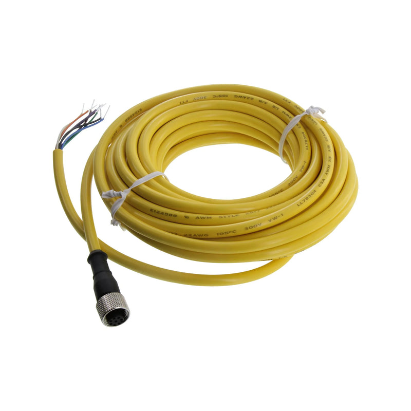8-pin M12 cordset with 7.62 m yellow PVC cable, designed for rugged industrial sensor connections.