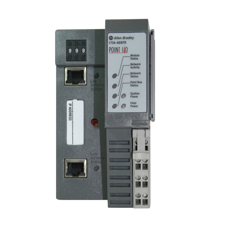 Allen-Bradley 1734-AENTR EtherNet/IP adapter, dual-port, supports DLR and network redundancy for POINT I/O distributed automation systems.