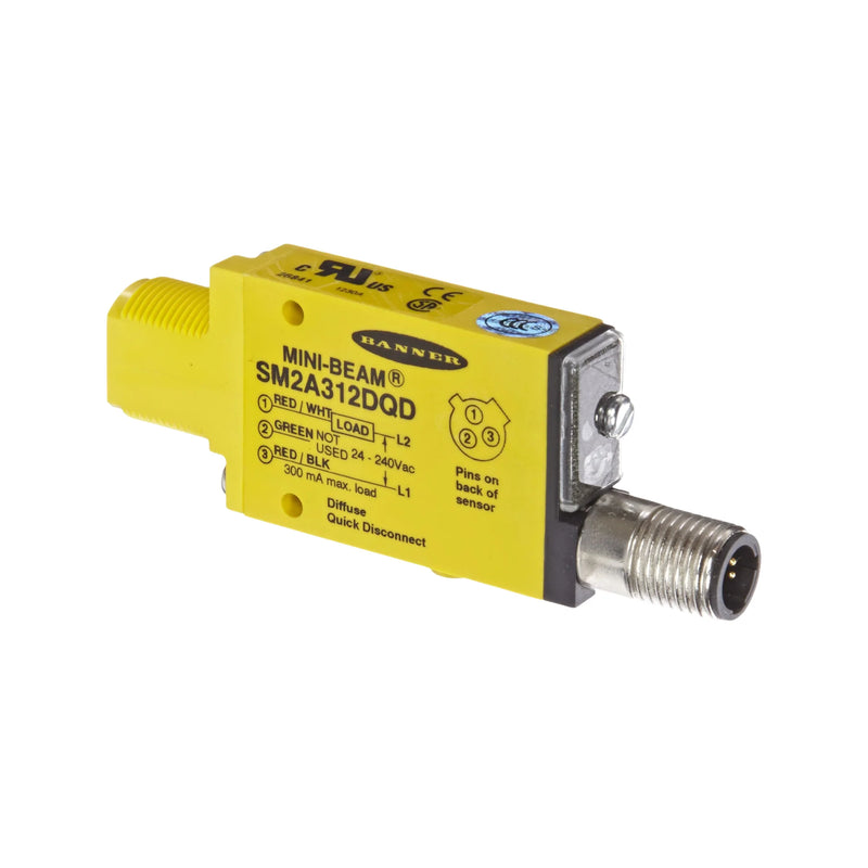 Compact Banner SM2A312DQD sensor, 380 mm range, 24–240 VAC, durable IP67 housing.